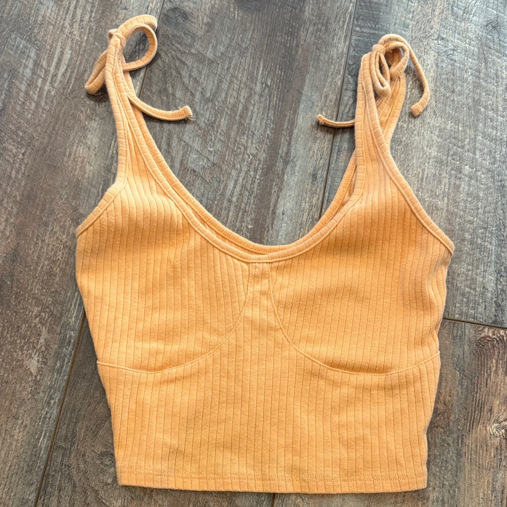 PacSun Ribbed Tie-Shoulder Crop Tank Top - Mustard Yellow